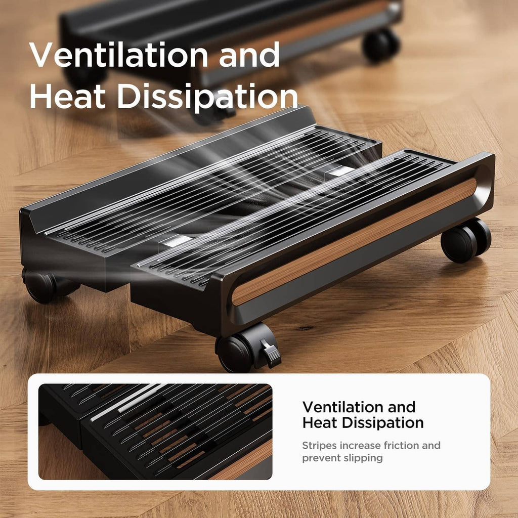 Black ventilated computer stand with slatted metal trays, wood side rail, caster wheels