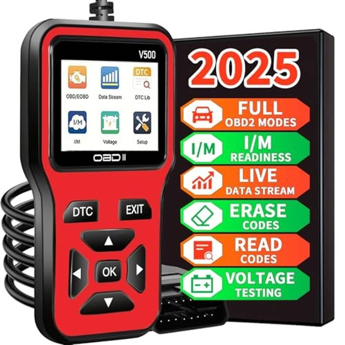 Red OBD2 diagnostic scanner with large side panel showing 2025 and modes