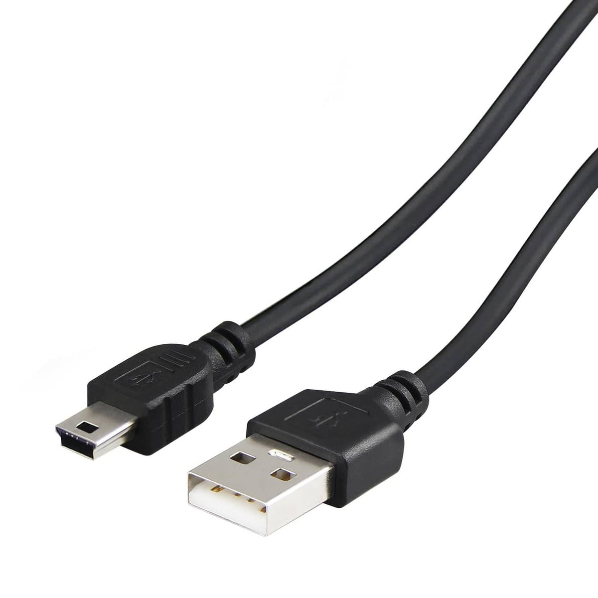 Black USB A to Mini-B charging cable ends with metal USB contacts
