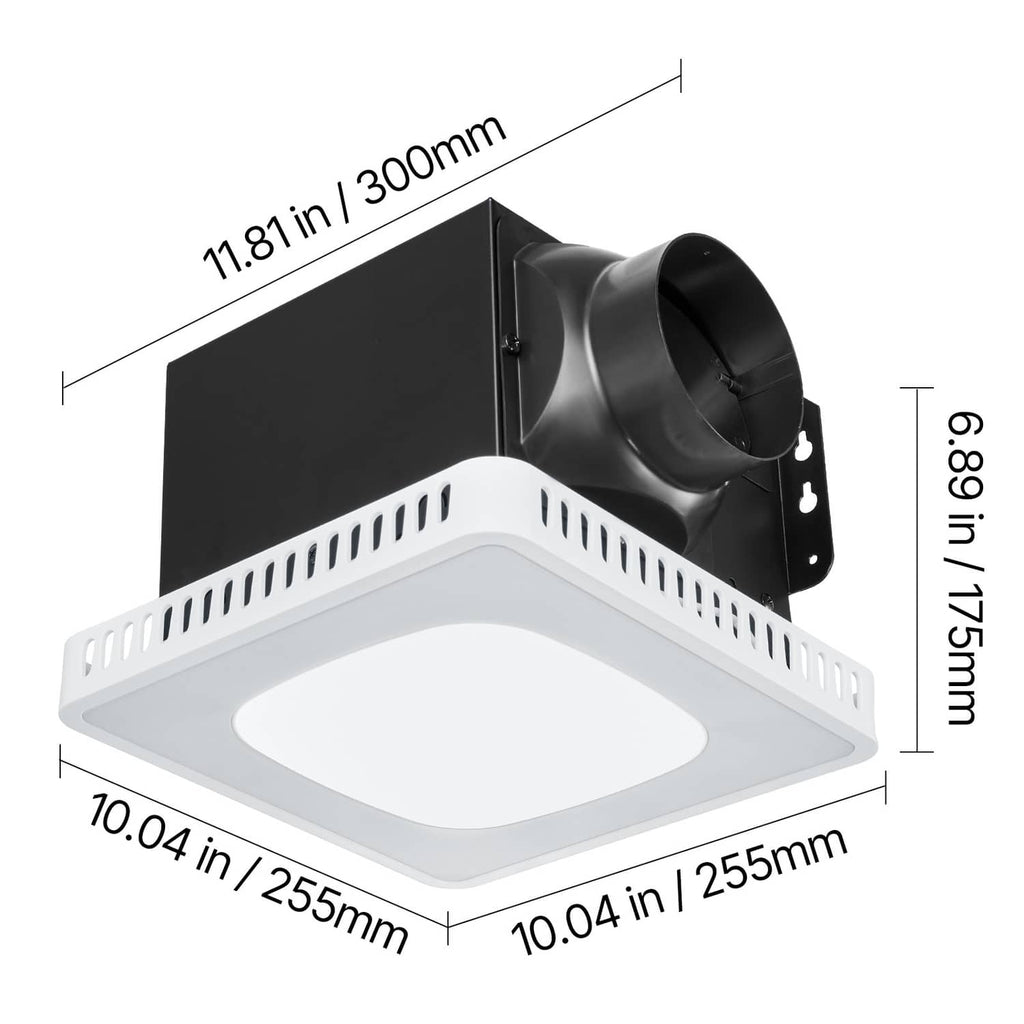 Bathroom ventilation fan close-up with black duct connector and white square LED light panel