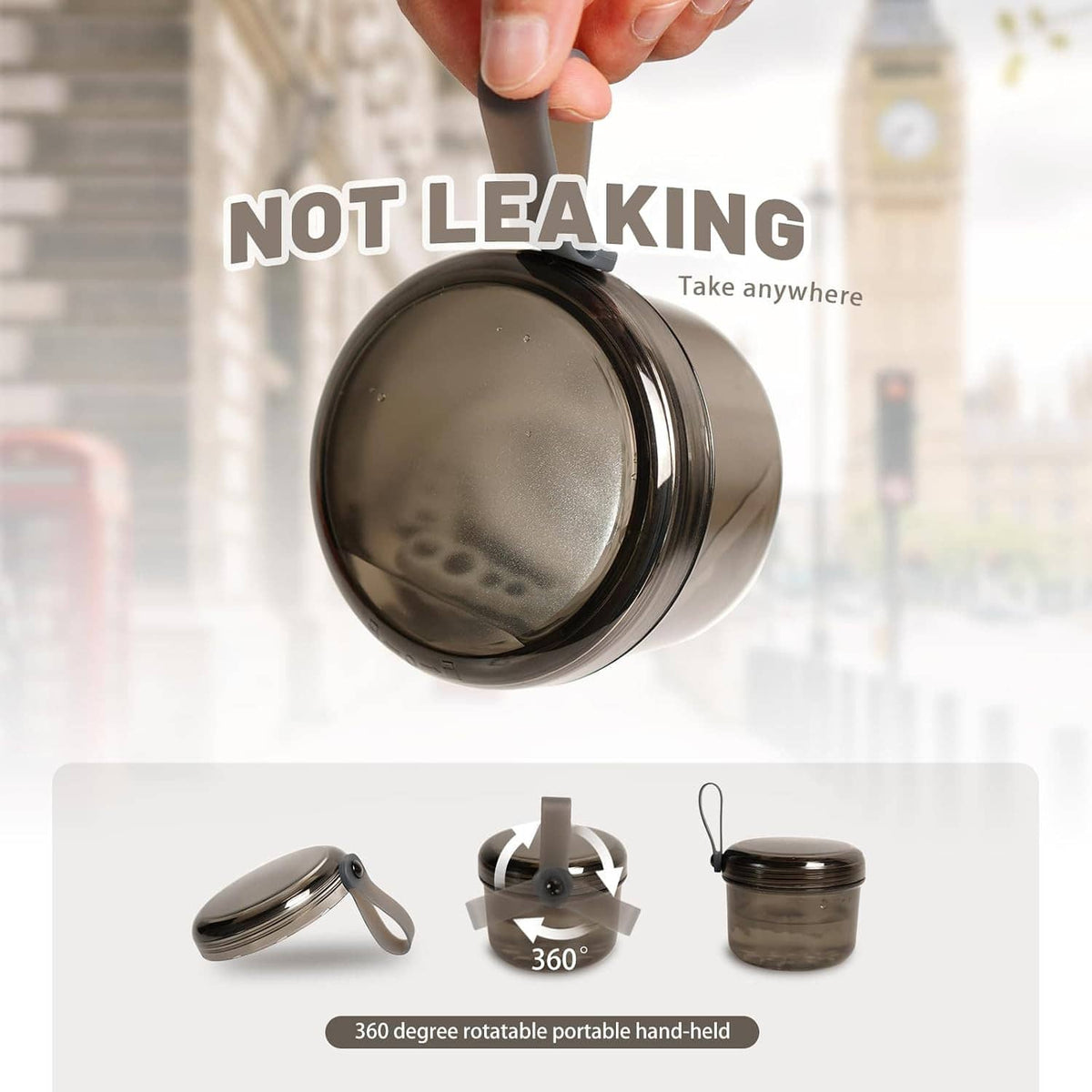 Gray denture bath cup with black lid, shown closed with hinged lid in hand.