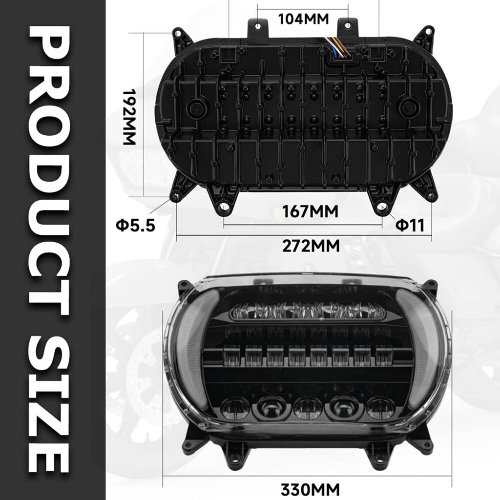 LED headlight module with mounting tabs and wiring harness, front and side view