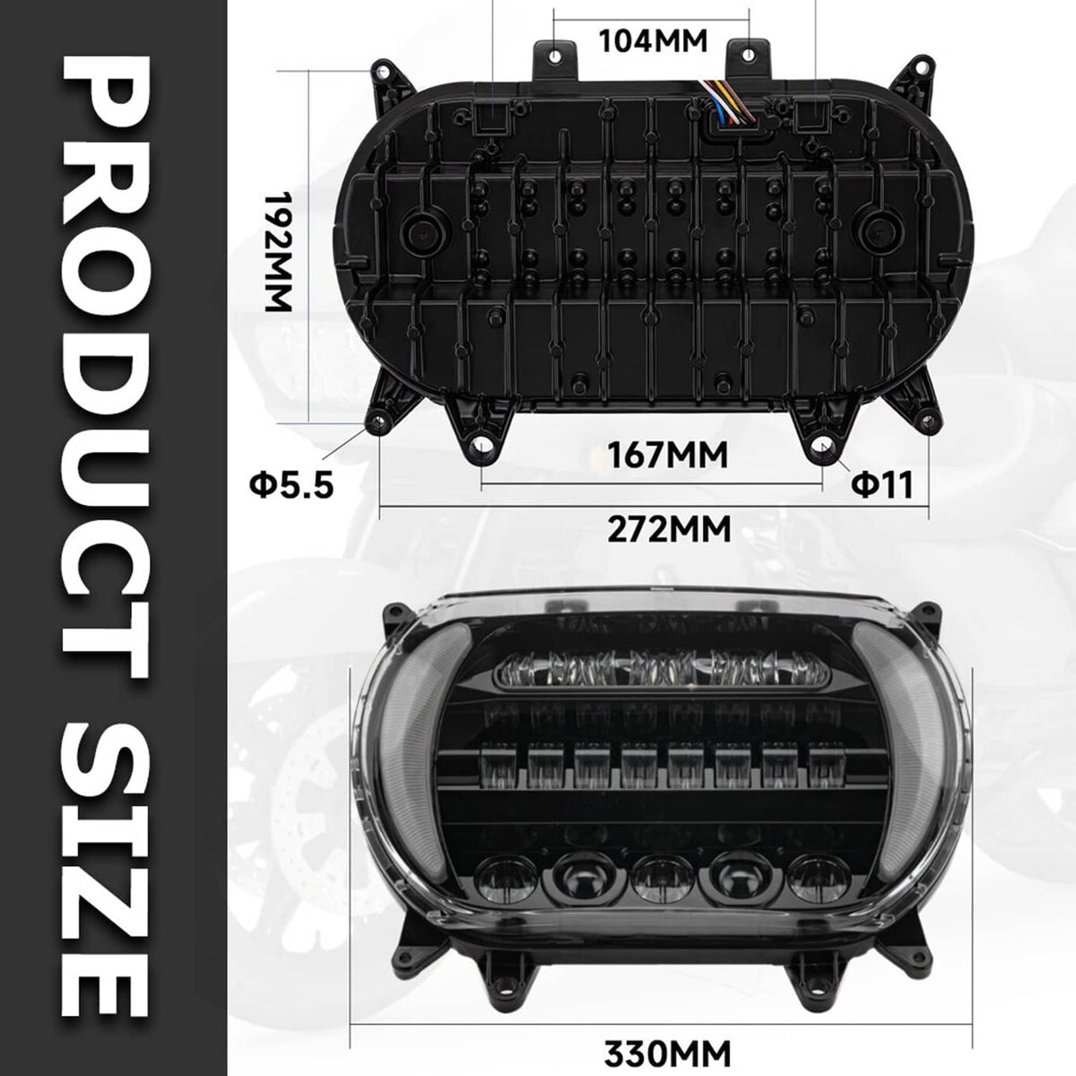LED headlight module with mounting tabs and wiring harness, front and side view