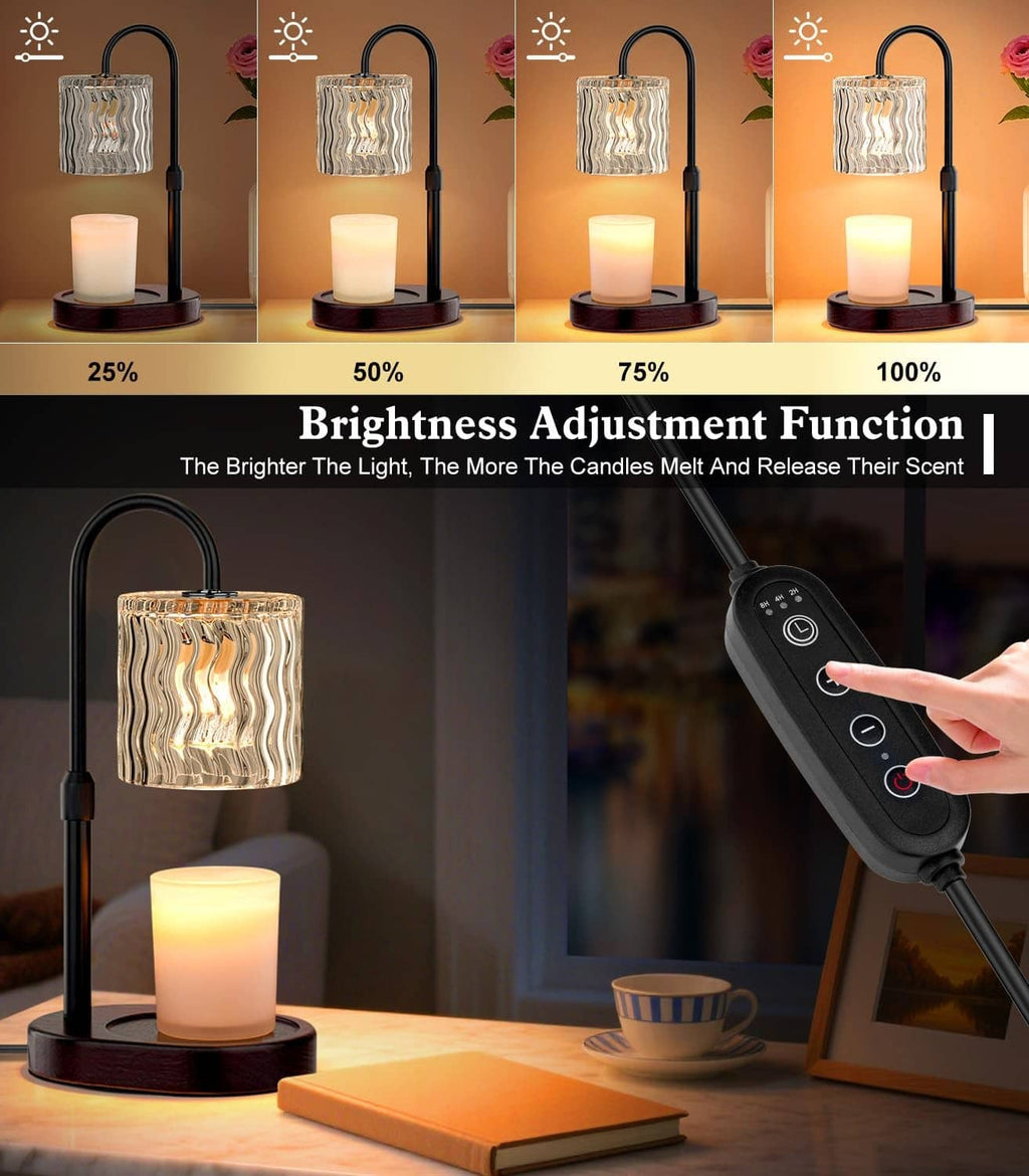 Electric candle warmer lamp with clear wavy glass shade and lit candle, with remote control