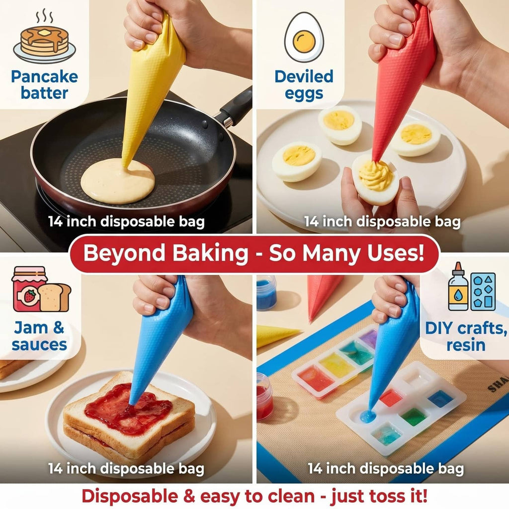 14-inch tipless piping bags dispensing batter, eggs, jam, and crafts items
