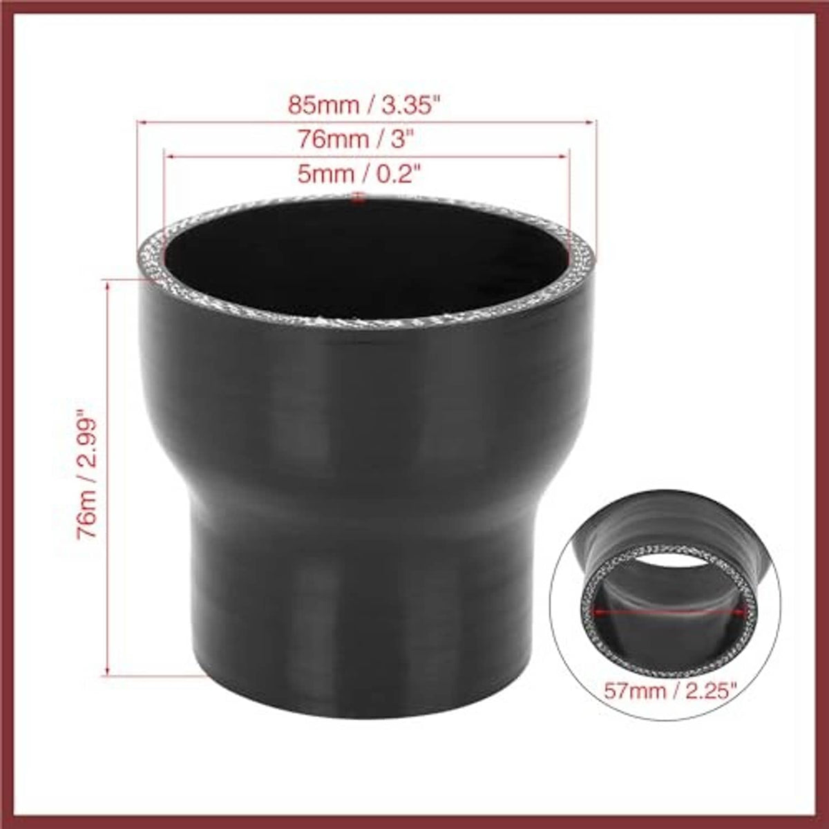 Black silicone reducer hose coupler, short tapered shape with textured silver border around opening
