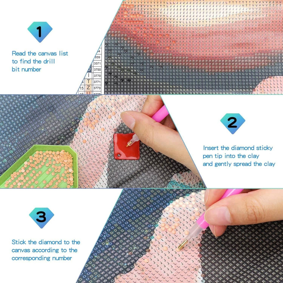 Diamond painting step-by-step guide showing hands placing beads on a numbered canvas