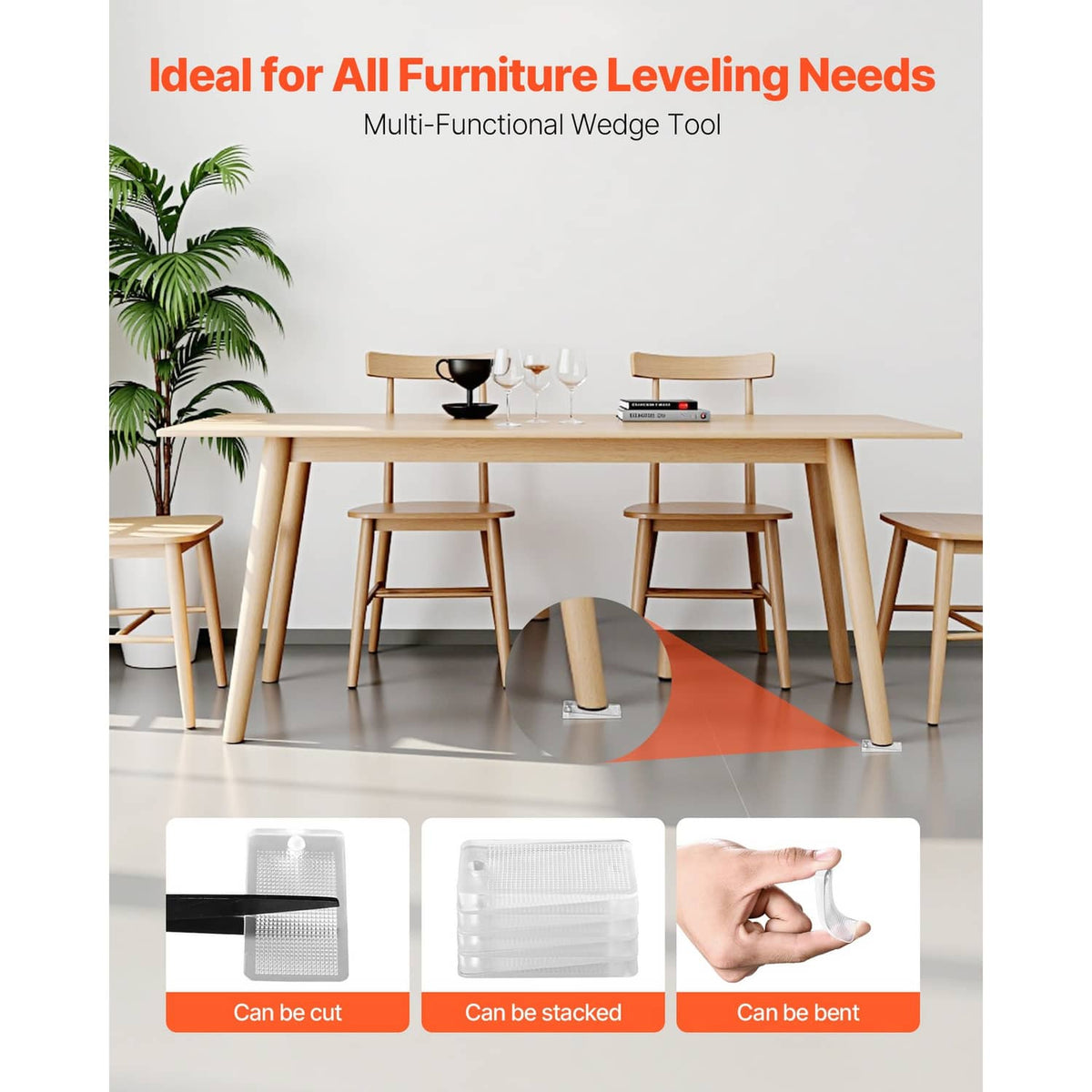 Transparent rectangular leveling shims with textured anti-slip grid surface for furniture.