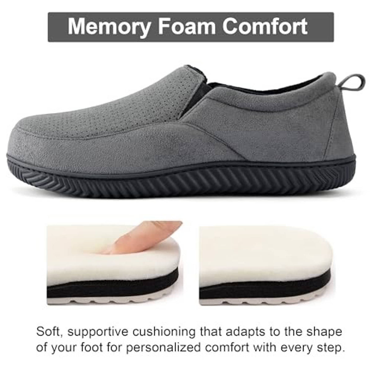 Charcoal closed-back memory foam slippers with thick ridged sole and plush lining.