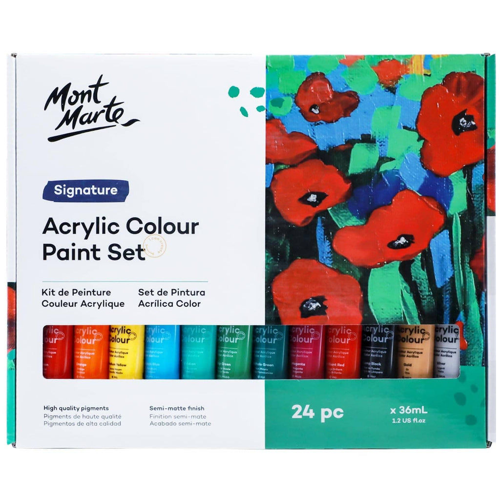 Acrylic paint set box front with colorful flower artwork and 24-piece label