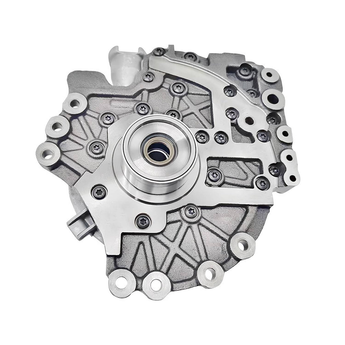Transmission pump assembly with circular port and bolt holes, top view