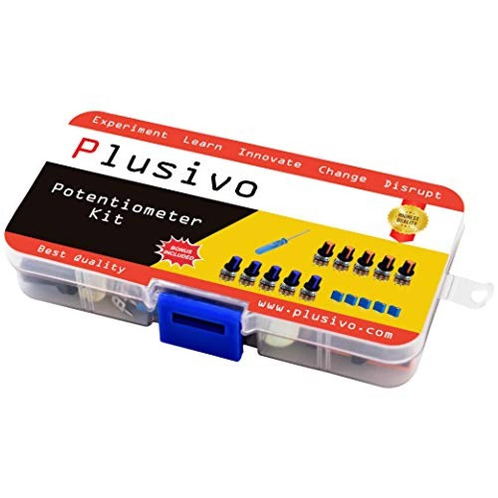 Potentiometer kit box with assortment display and blue screwdriver-style tool