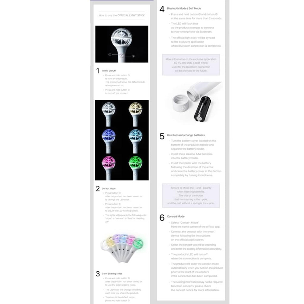 Light stick packaging panel listing brightness and color mode details