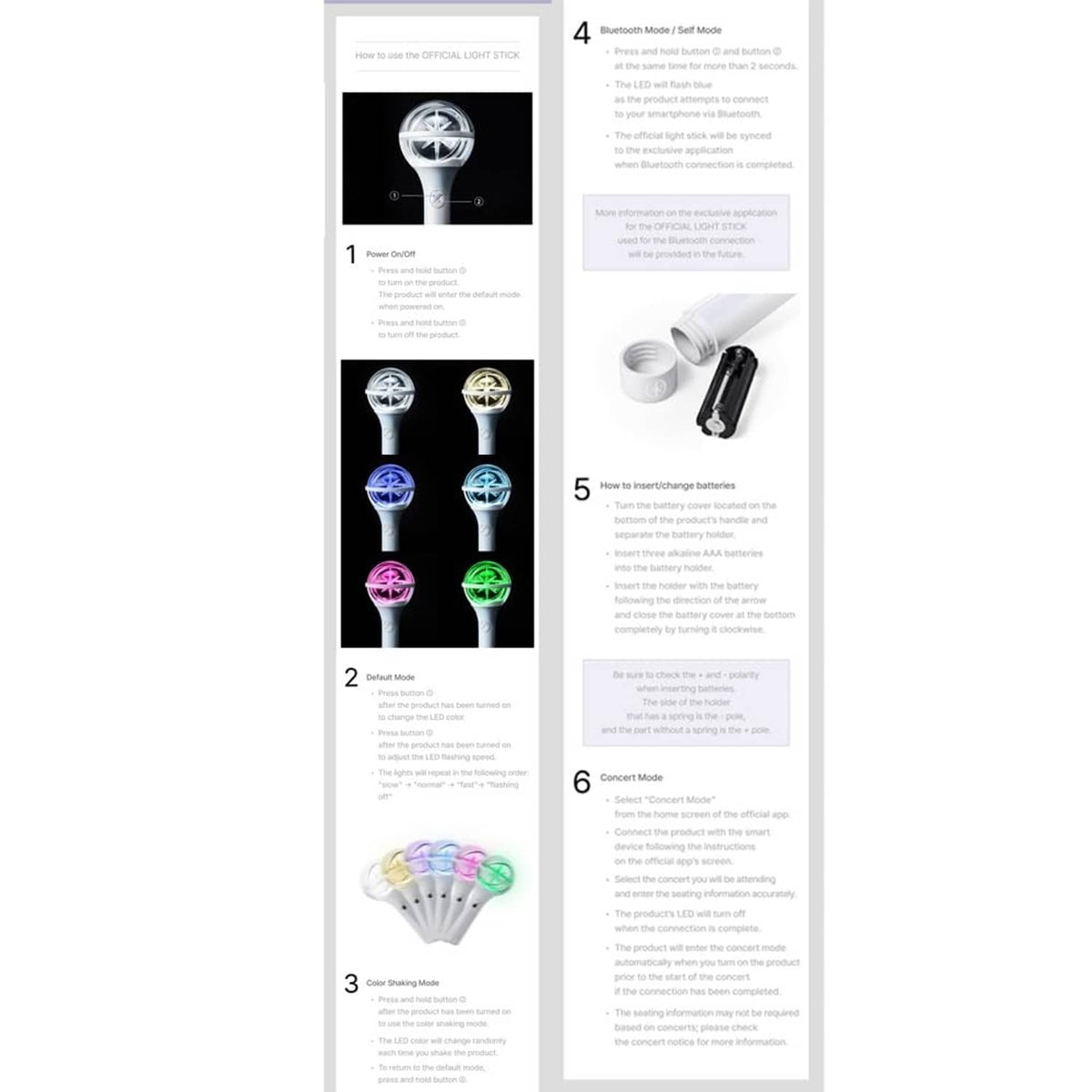 Light stick packaging panel listing brightness and color mode details