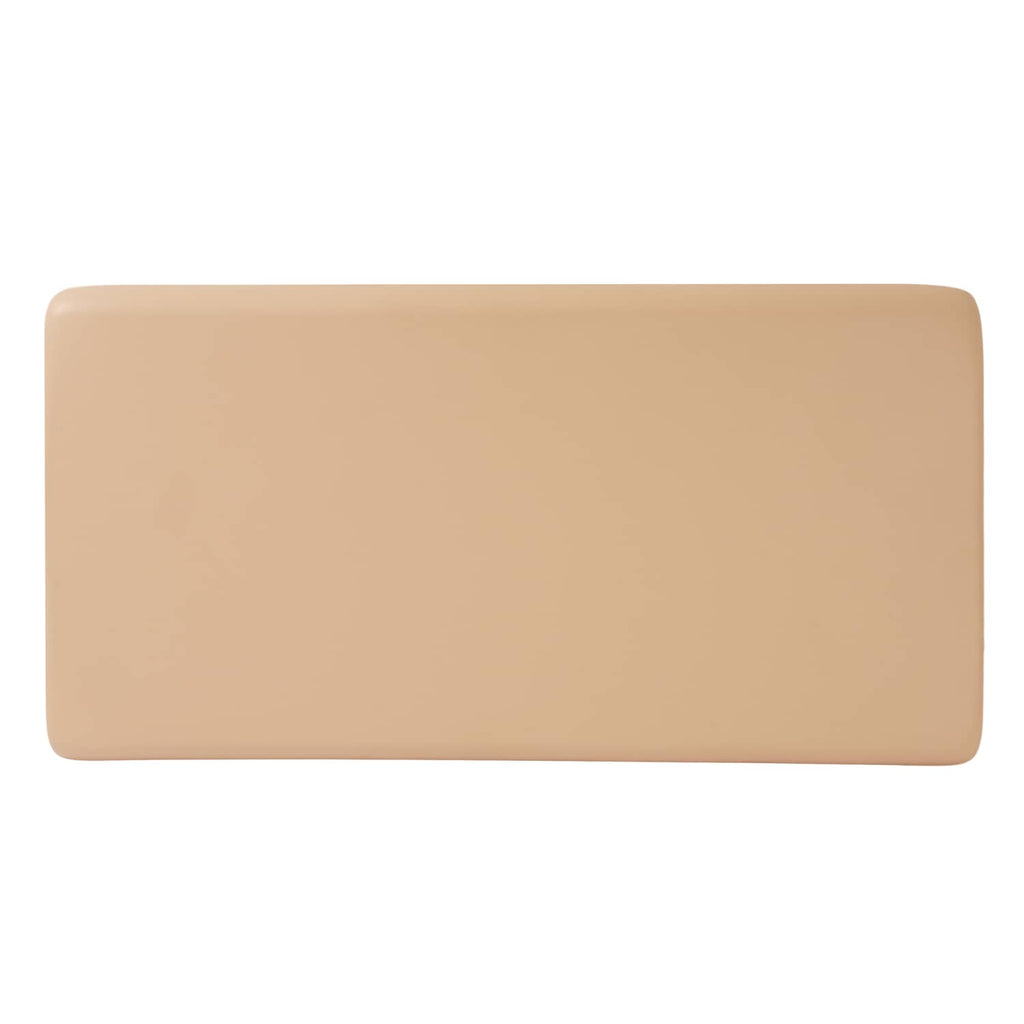 Tan seat bottom cushion with smooth padded surface and rounded corners