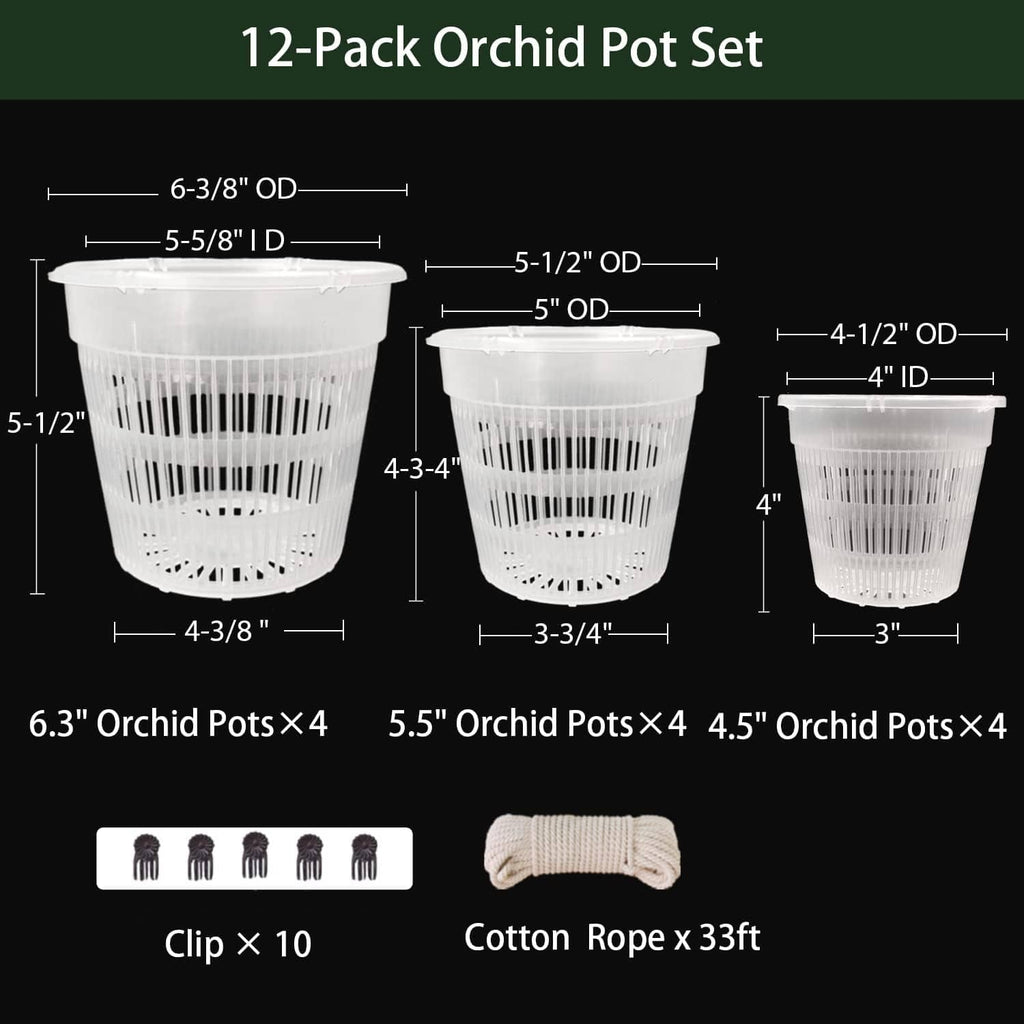 Orchid pot set infographic: 6.3 in, 5.5 in, and 4.5 in vented pots (12-pack)