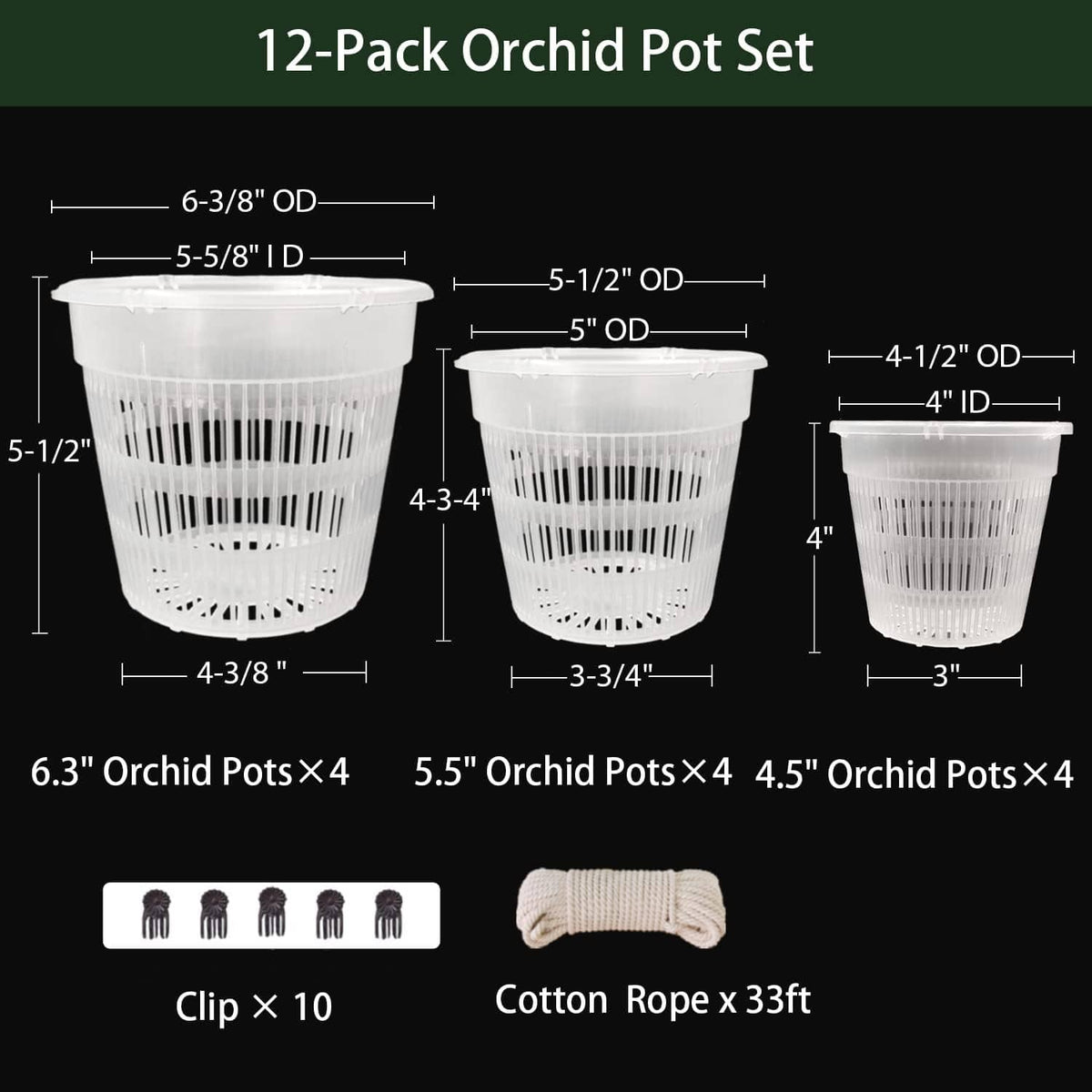 Orchid pot set infographic: 6.3 in, 5.5 in, and 4.5 in vented pots (12-pack)