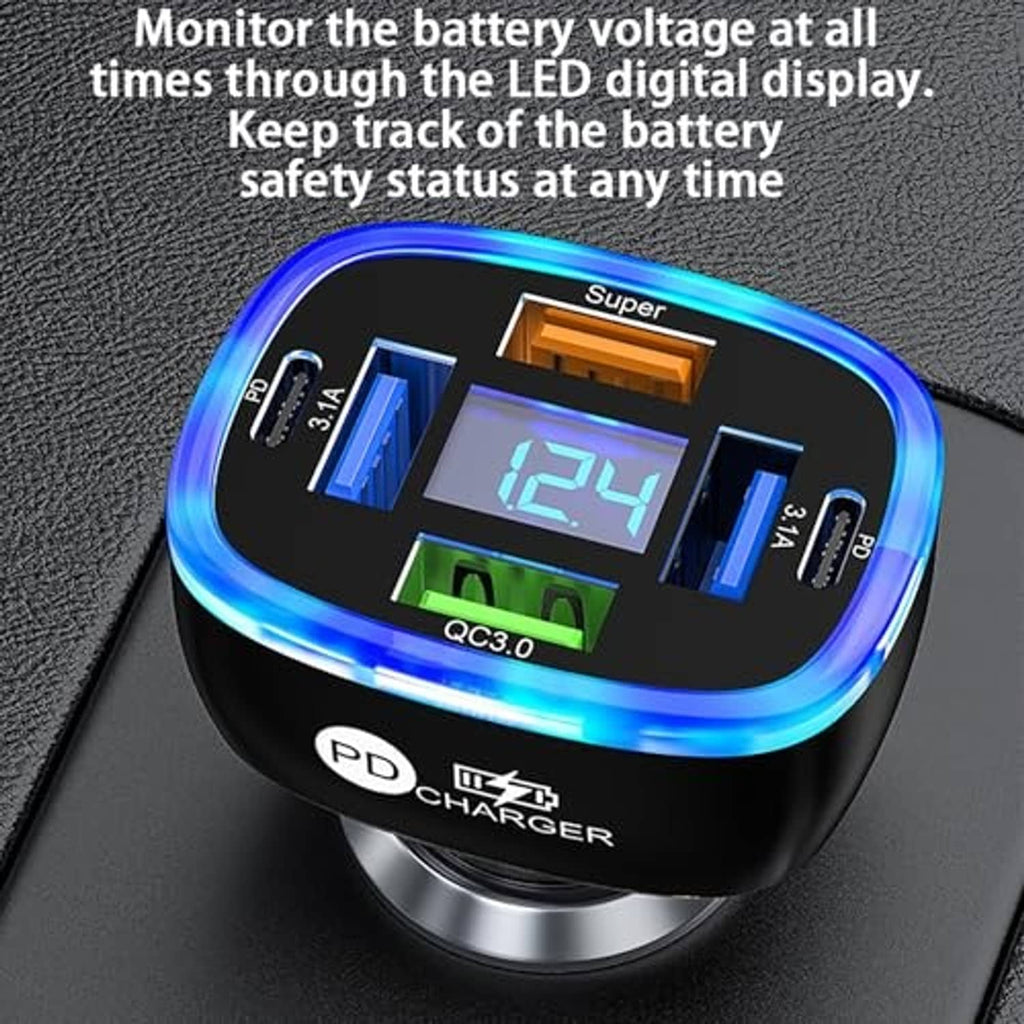 Car USB-C PD charger with blue LED bezel and bright voltage readout display