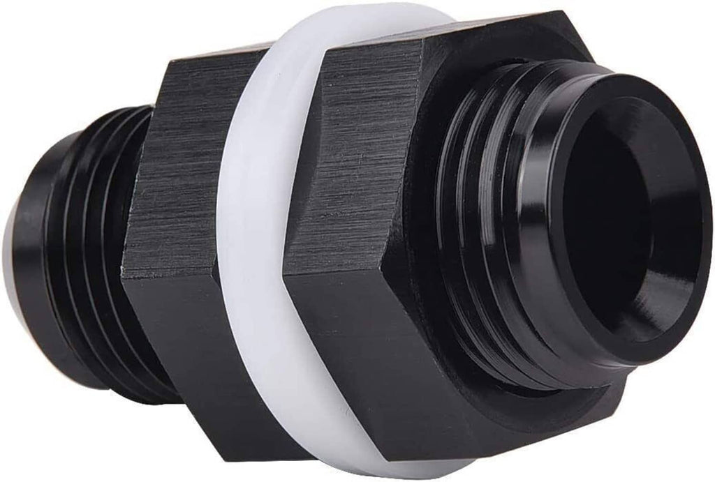Black aluminum AN adapter with white PTFE sealing ring and threaded female port