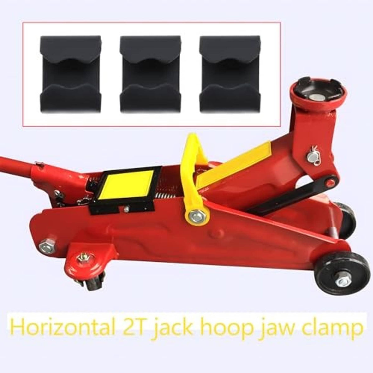 Red horizontal jack hoop jaw clamp with black rubber link clips inset