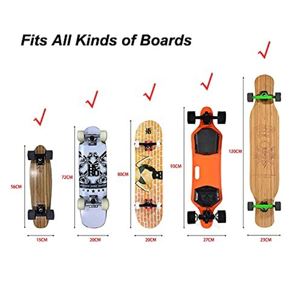 Longboard sling carrier shown fitting multiple board sizes with check marks.