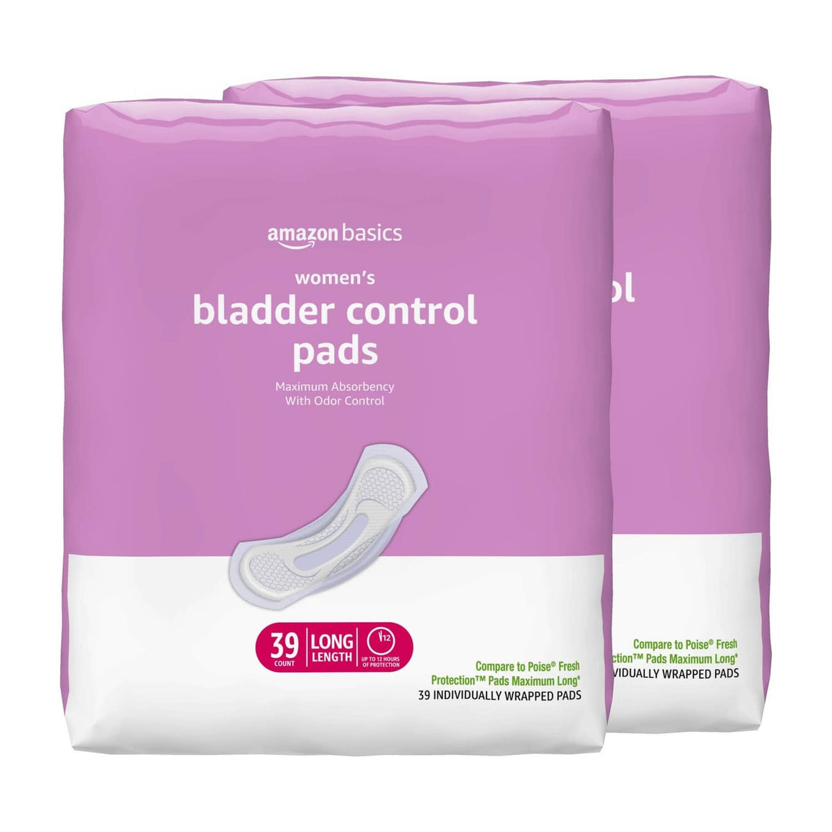 Amazon Basics women's bladder control pad pack, purple package with two pad bundles