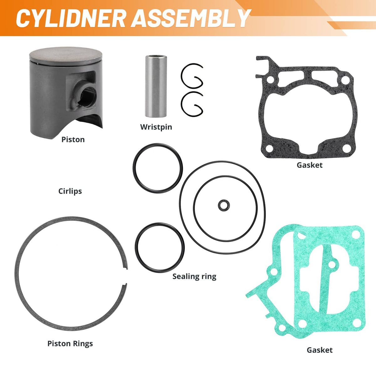 Cylinder assembly parts diagram: piston, wrist pin, circlips, rings, and gaskets