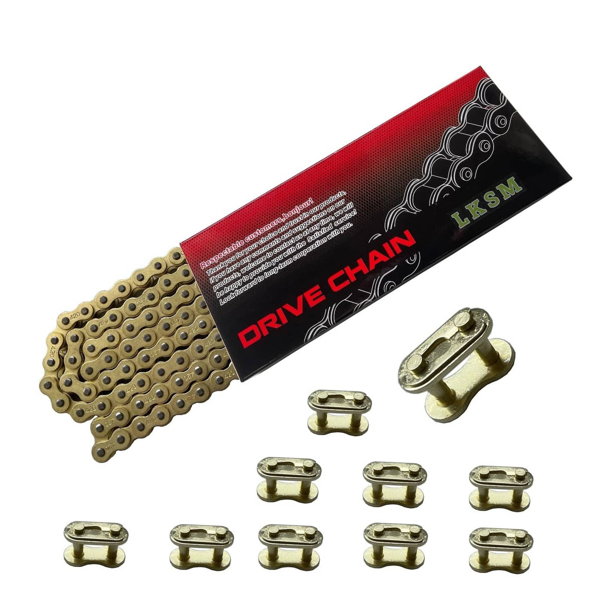 Gold motorcycle drive chain set with package and included master link clips