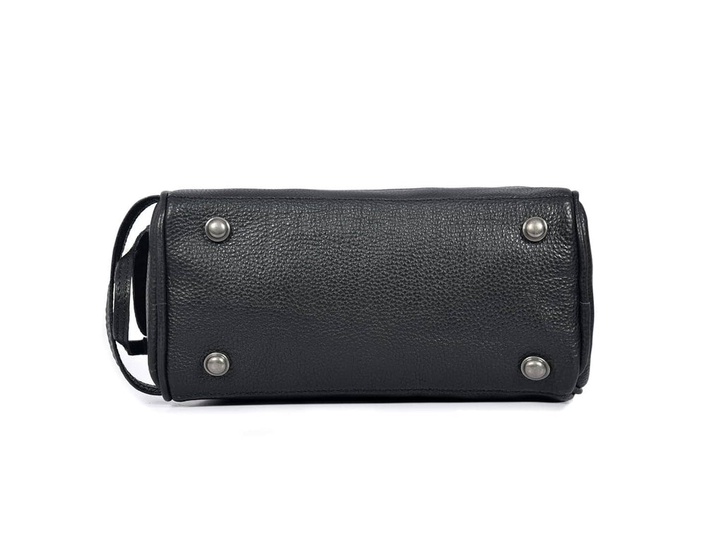 Black leather hanging toiletry pouch with metal grommets and side strap