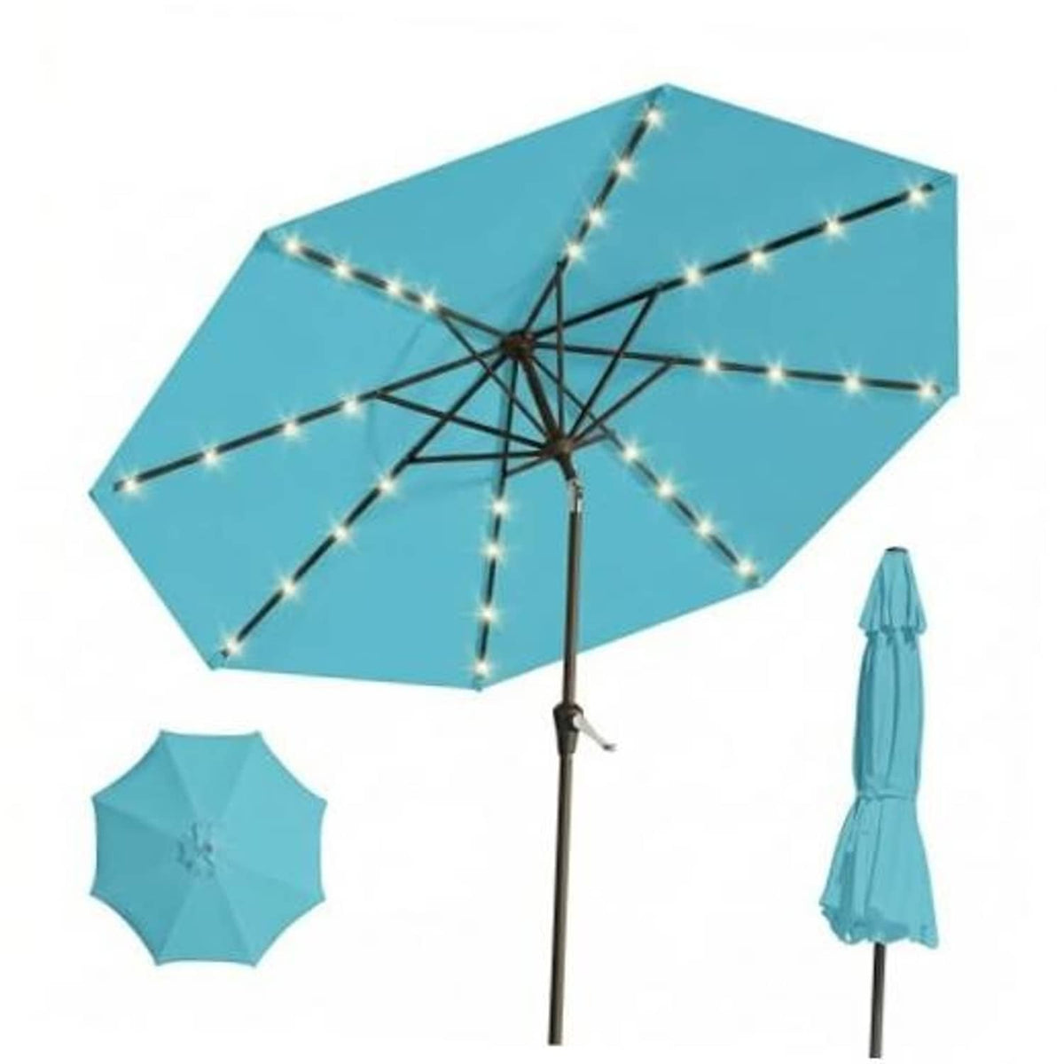 Sky blue patio solar umbrella with warm LED lights across the open canopy