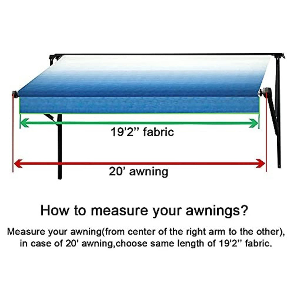 Blue awning fabric section on black support frame with size guide arrows