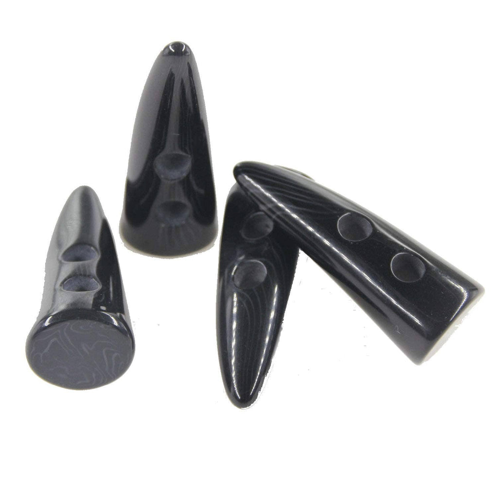 Black resin horn-shaped two-hole toggle buttons, side angle view