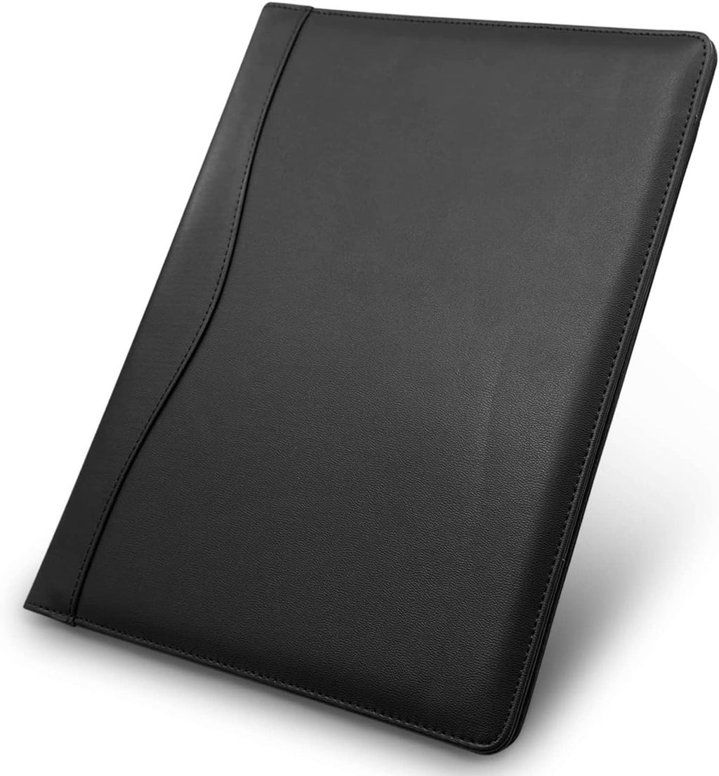 Black faux-leather padfolio folder with stitched cover, angled front view