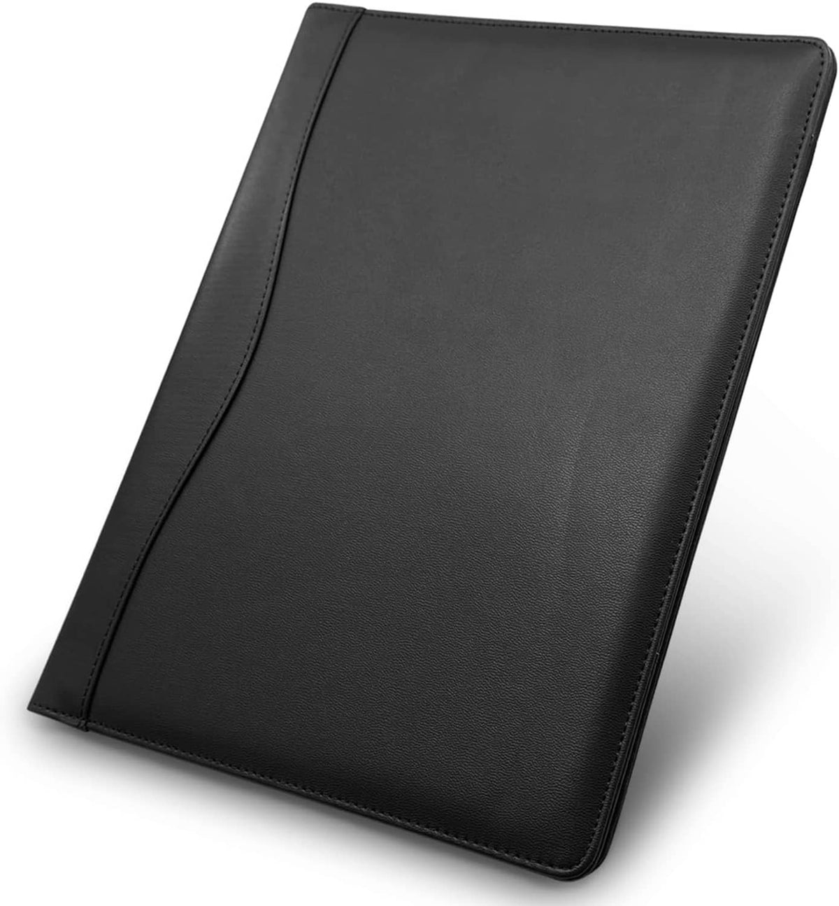 Black faux-leather padfolio folder with stitched cover, angled front view