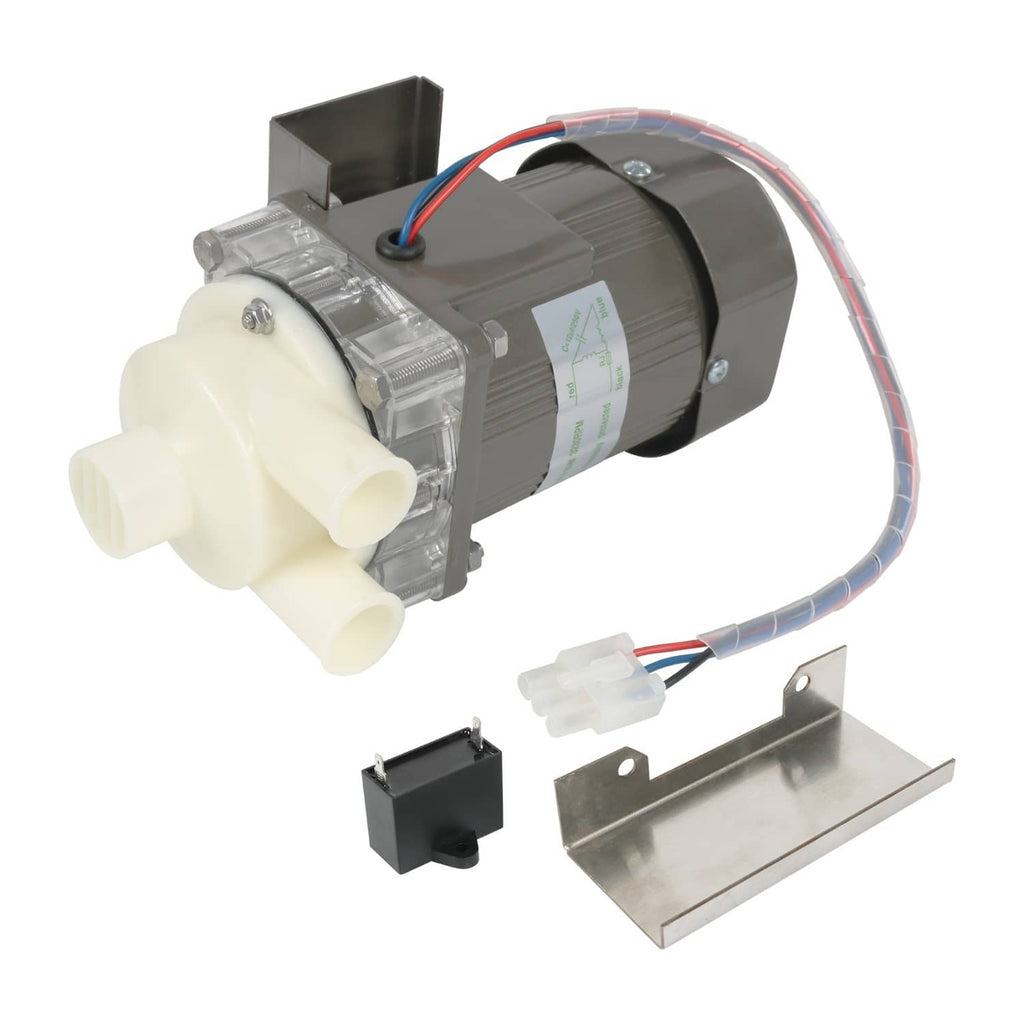 Ice machine water pump motor assembly with mounting plate and white inlet ports