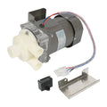 Ice machine water pump motor assembly with mounting plate and white inlet ports