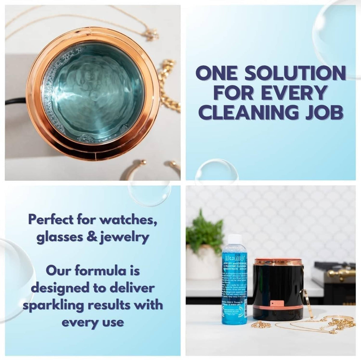 Ultrasonic jewelry cleaning solution concentrate bottle with jewelry and copper-toned container
