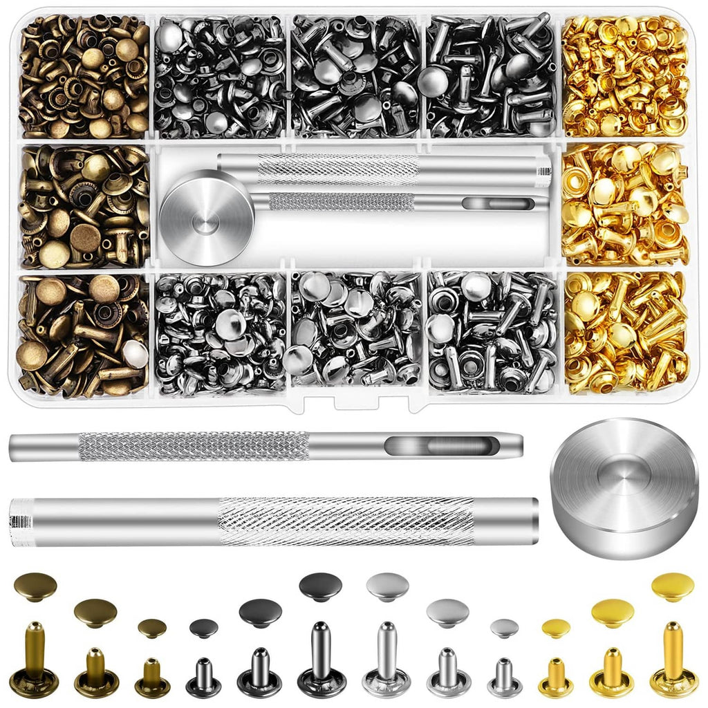 Leather rivet set with brass, gold, black, and silver rivets plus metal setting tool