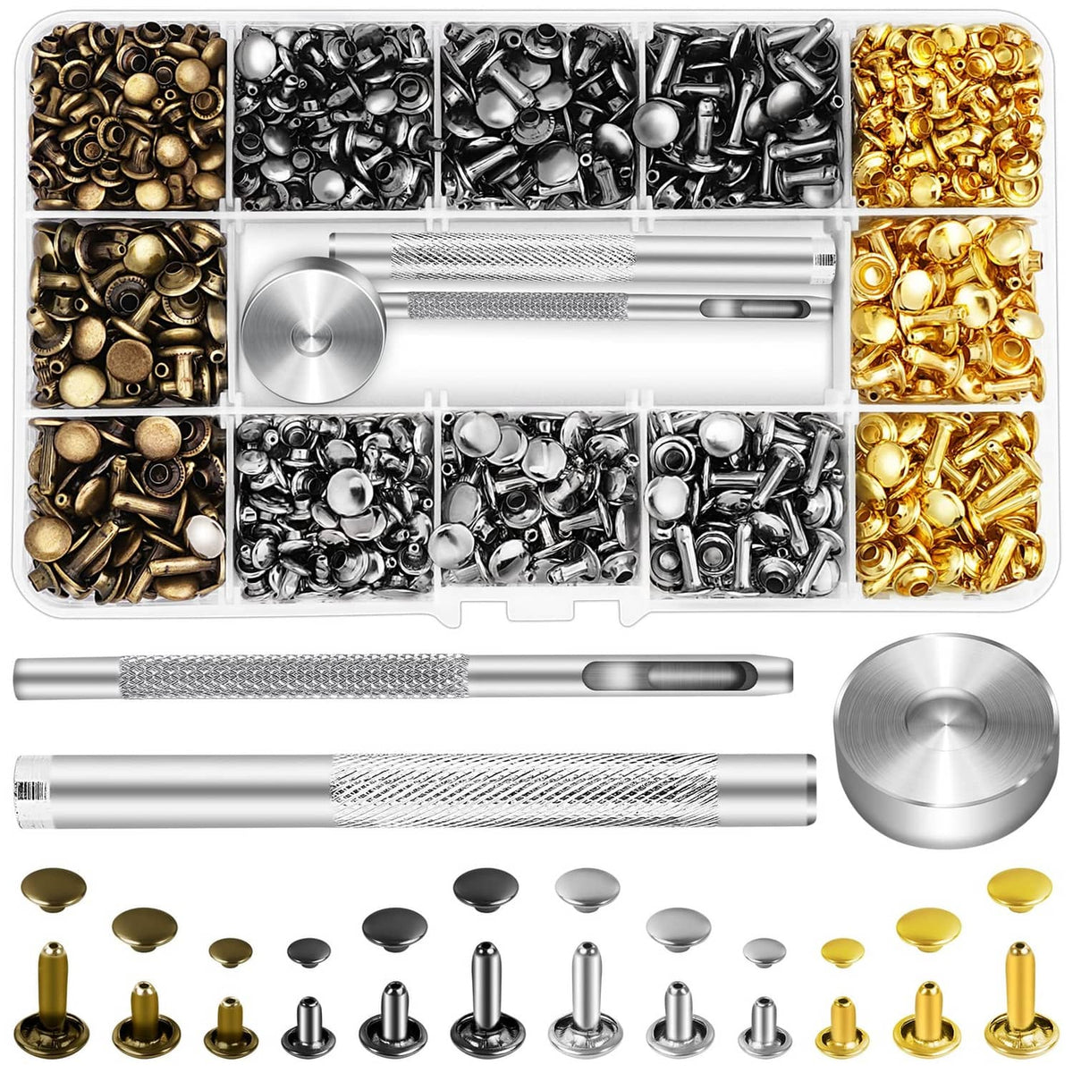 Leather rivet set with brass, gold, black, and silver rivets plus metal setting tool
