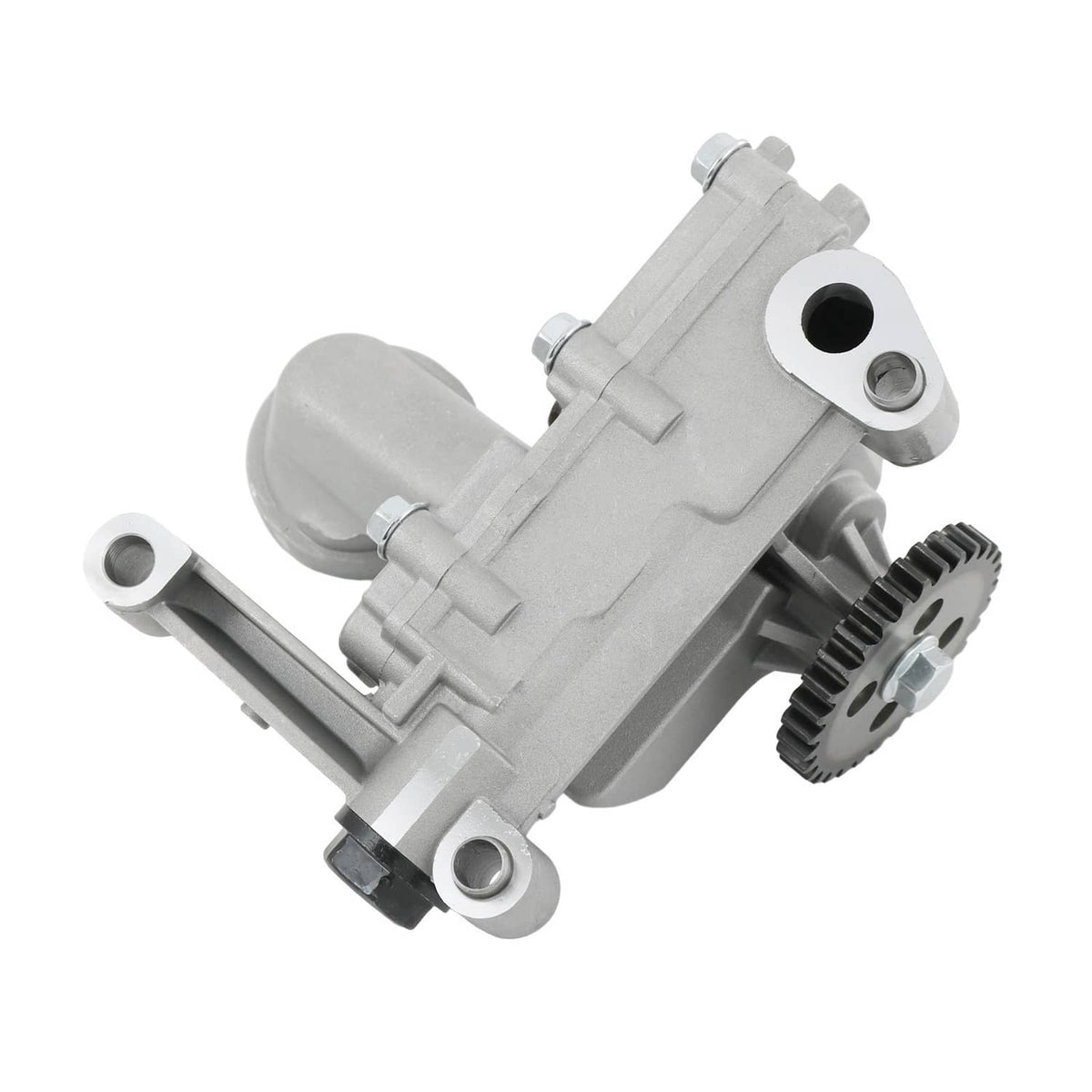 Engine oil pump with gray metal housing, side outlet port, and front gear