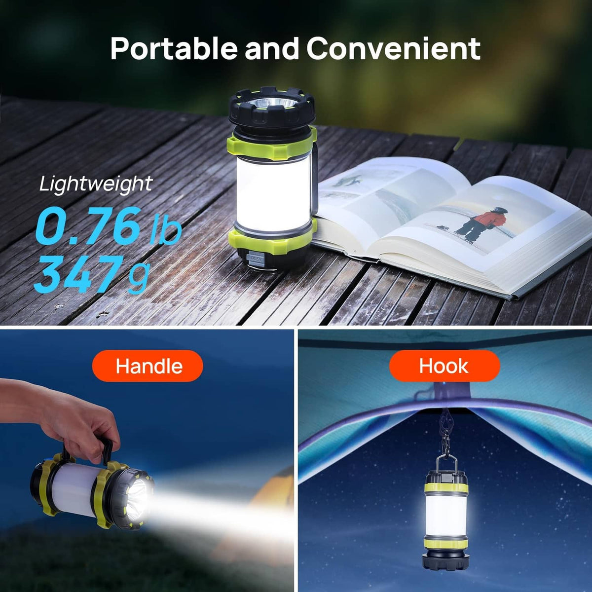 Portable rechargeable LED lantern flashlight with handle and hook, light green and black