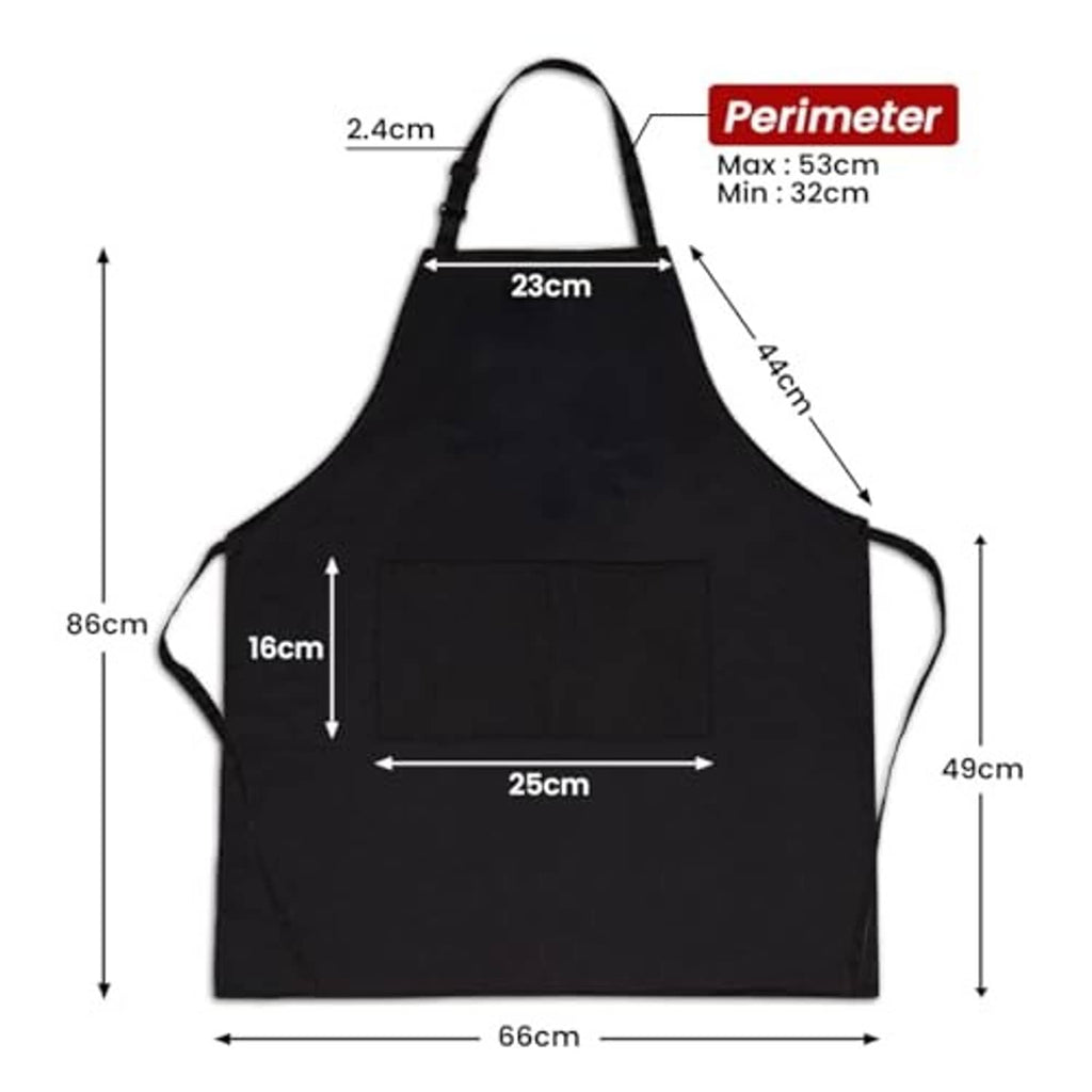 Black apron measurement diagram with neck strap, waist tie, and front pocket