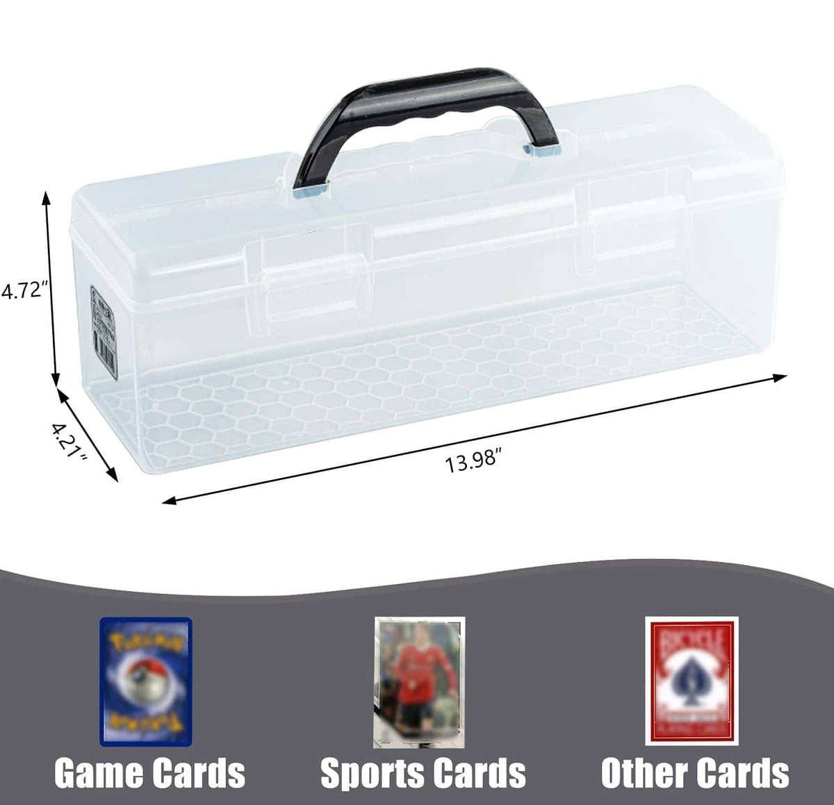 Clear plastic card storage box with black handle, size shown in diagram