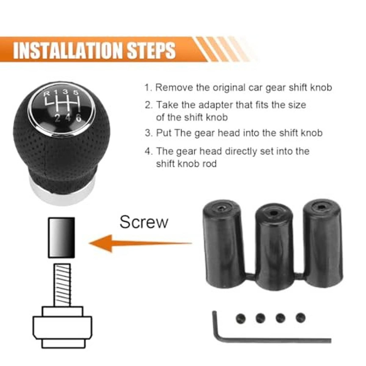 Round black shift knob with chrome ring, shown with installation steps and adapter parts