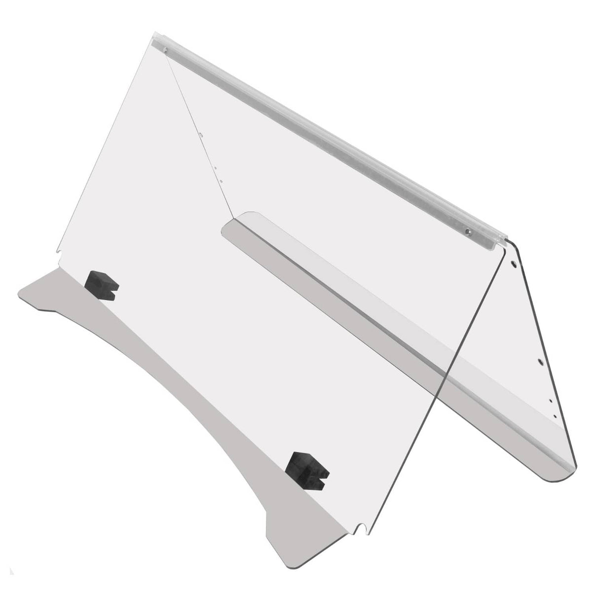 Clear folding golf cart windscreen with gray frame and mounting tabs, shown at an angle