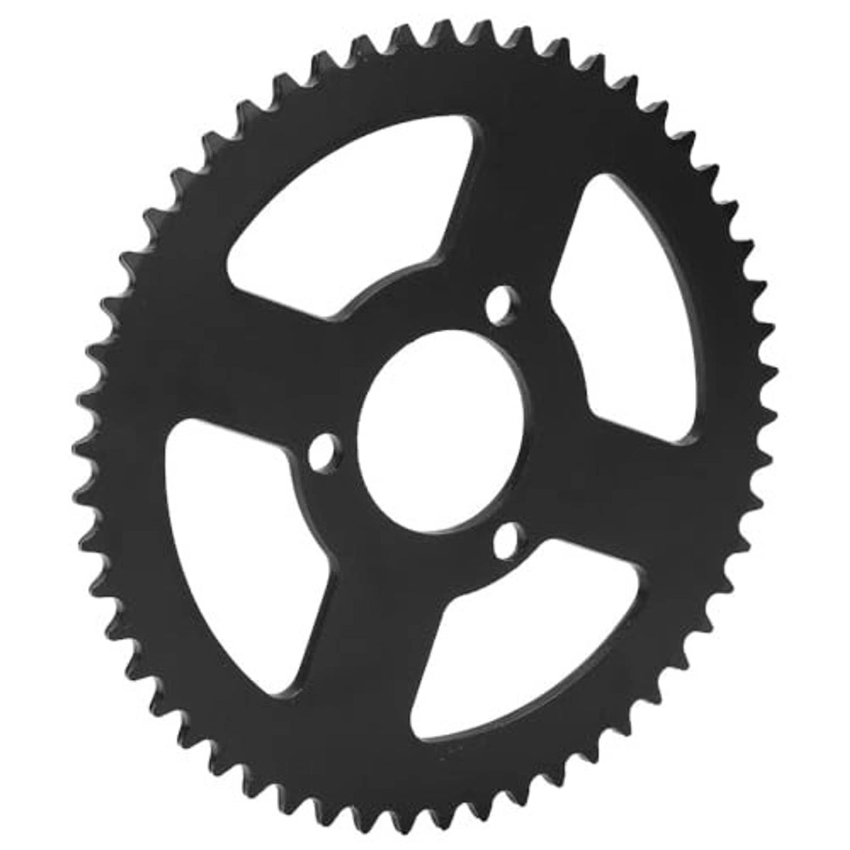 Black steel sprocket gear with five cutout blades, outer teeth, and three bolt holes