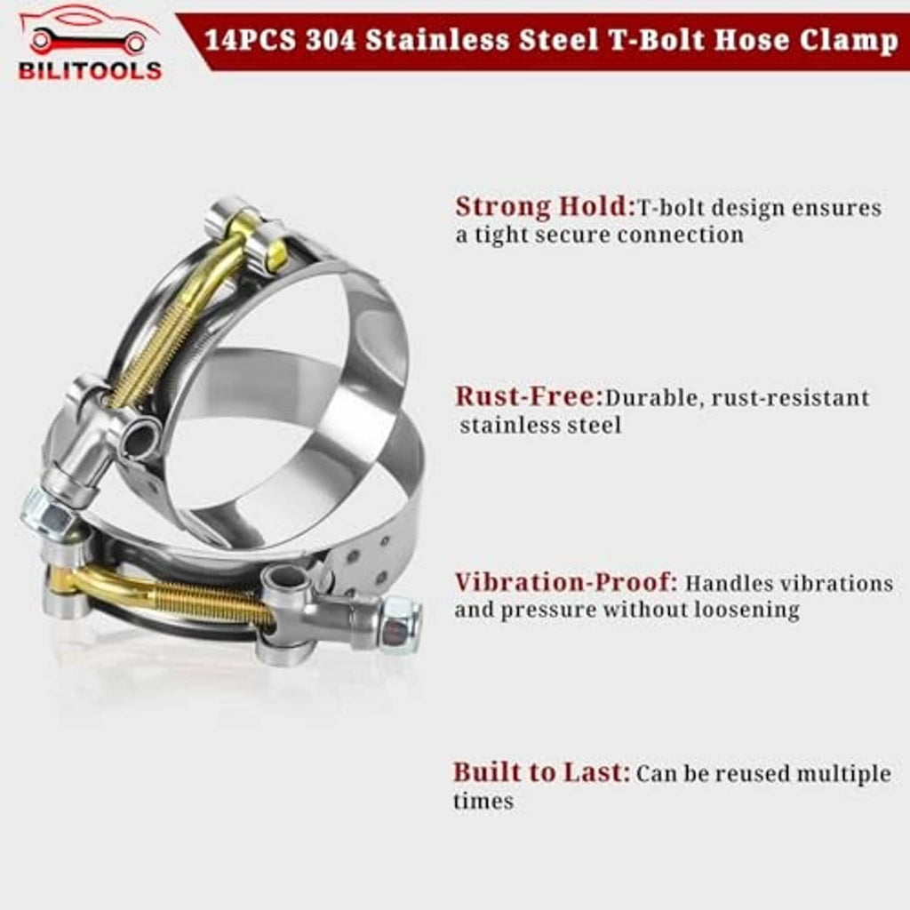 Stainless steel T-bolt hose clamp with gold screw band, rust-free heavy-duty design