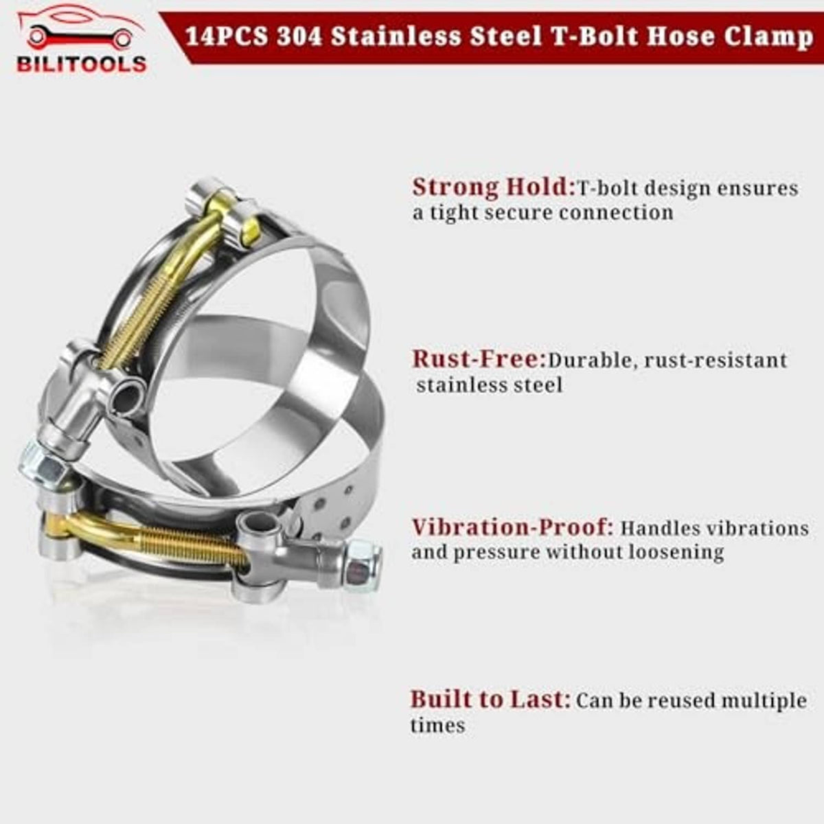 Stainless steel T-bolt hose clamp with gold screw band, rust-free heavy-duty design