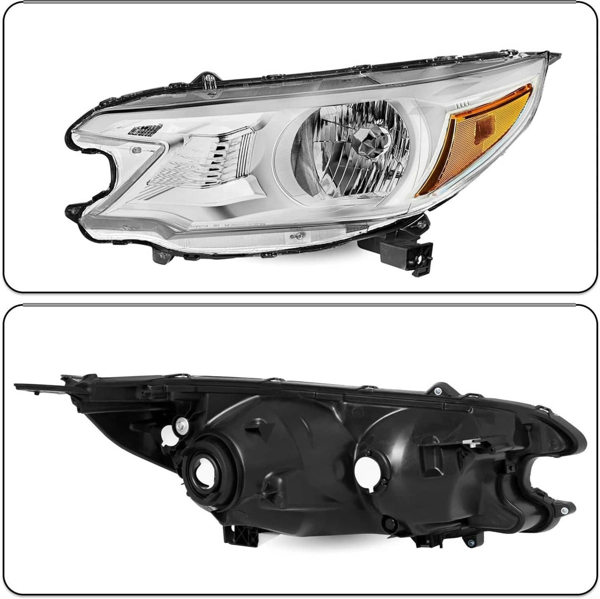 Chrome amber corner headlight with clear lens and amber corner, plus black housing view