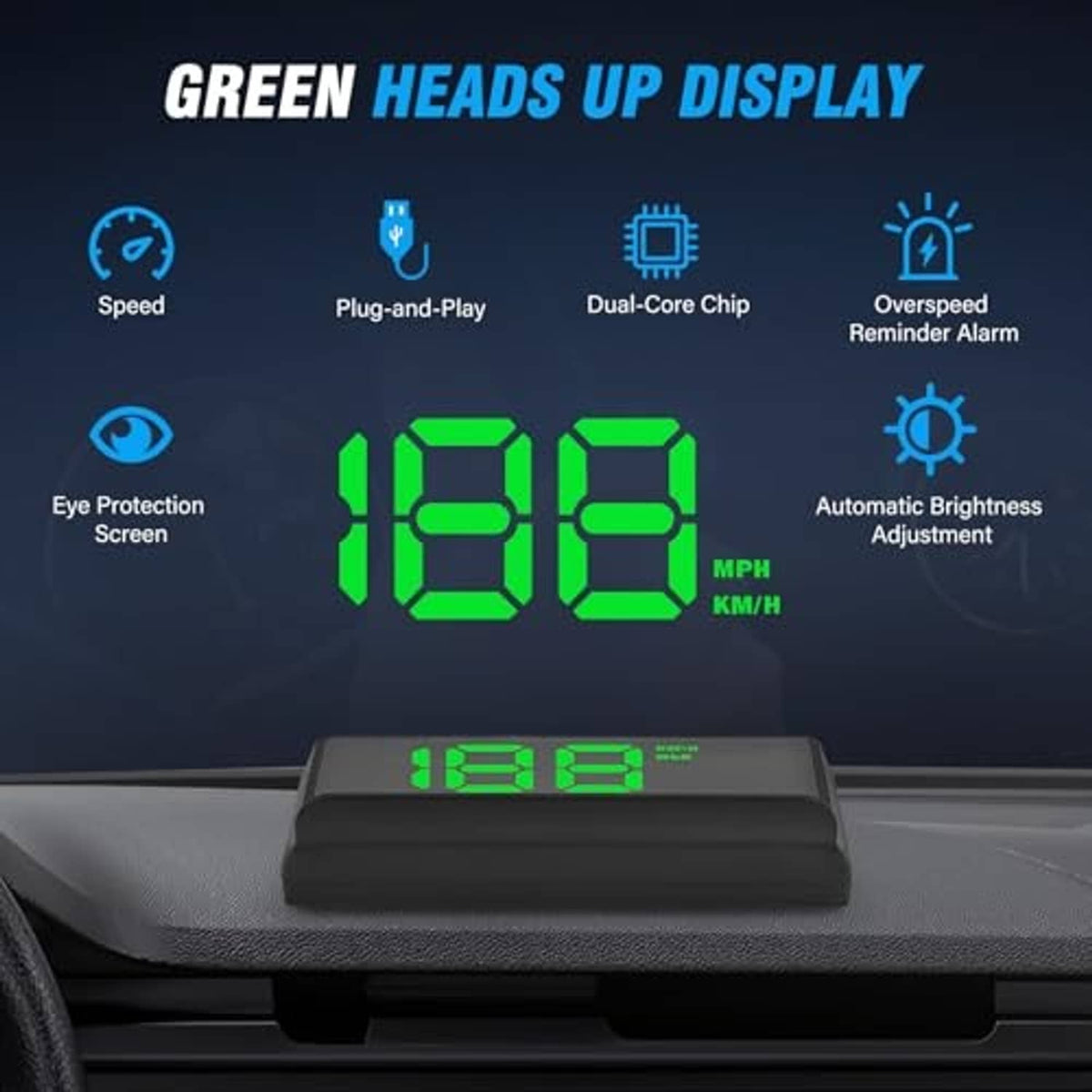 Black heads-up display showing green 168 speed digits on digital screen